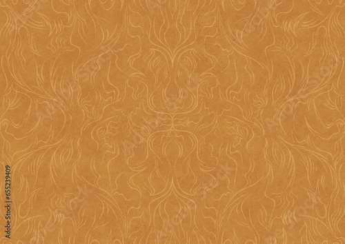 Hand-drawn unique abstract symmetrical seamless ornament light yellow on a darker yellow background, paper texture. Digital artwork, A4. (pattern: p11-1a)