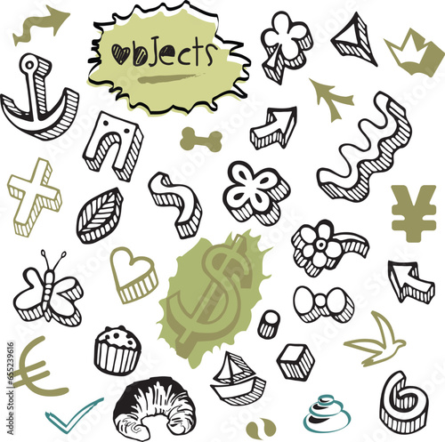 Ensemble Icones Images et Symboles Objets Elements Couleurs variation Nature Devises Argent Patisseries Abstrait Vecteur Illustration Trèfle Chance Coeur