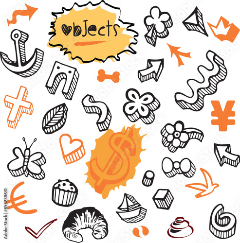 Ensemble Icones Images et Symboles Objets Elements Couleurs Variation Nature Devises Argent Patisseries Abstrait Vecteur Illustration Trèfle Chance Coeur