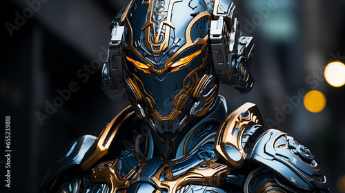 Futuristic Elegance: Neon Armor Portrait. Elegance meets futurism in this portrait featuring neon-lit armor, symbolizing the blend of style and technology. A striking futuristic vision.
