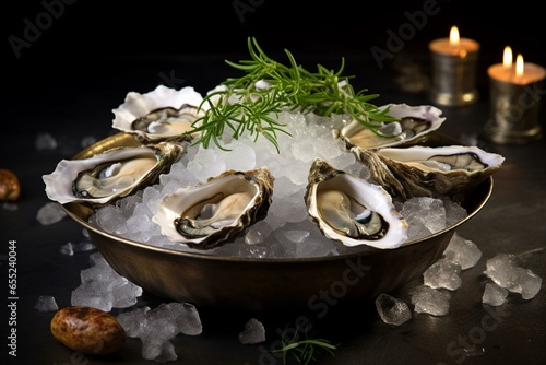 Raw fresh oysters on ice and herbs in bronze plate. Generative AI