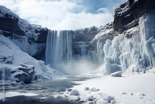 Frozen waterfall in winter, preceding a famous waterfall in Iceland. Generative AI