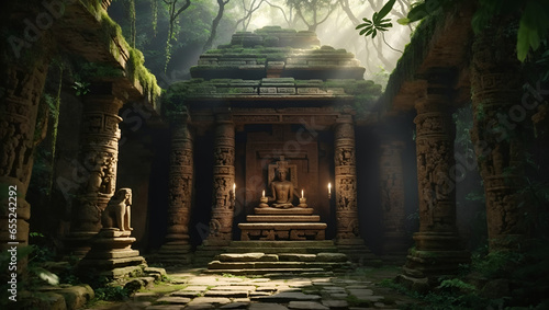 Deserted temple or shrine in the jungle. Minimal abstract travel and exploration concept. With copy space.