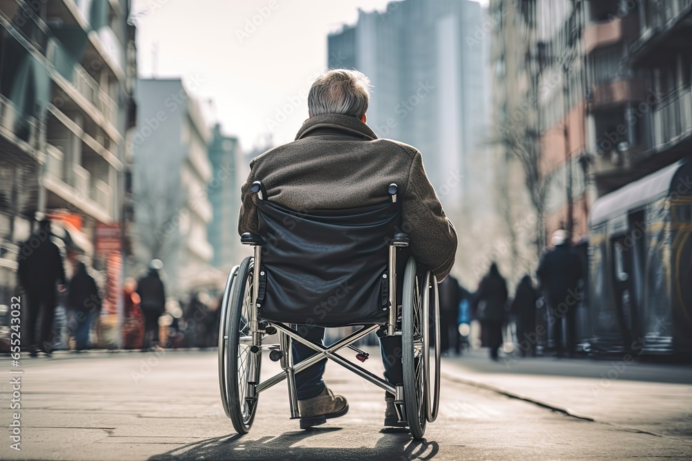 Obraz premium old man sitting in a wheelchair Alone in the middle of the city