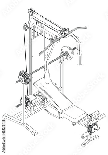 Multipurpose fitness equipment. Gym equipment on white background vector illustration. Different fitness equipment for muscle building. Workout and training concept.