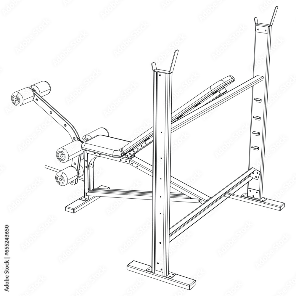 Obraz premium Olympic Multi Bench Press. Gym equipment on white background vector illustration. Different fitness equipment for muscle building. Workout and training concept.