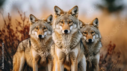 Group of coyotes in the wild close up