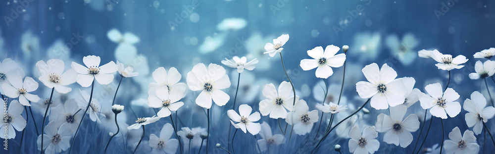 Beautiful spring border, blooming flowers on a blue background. Beautiful spring border, blooming flowers on a blue background.
