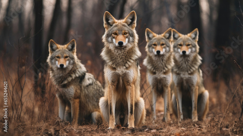 Group of coyotes in the wild close up