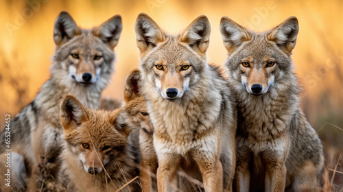 Group of coyotes in the wild close up