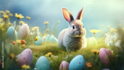 Easter background with rabbit, eggs, flowers on a meadow created with Generative AI