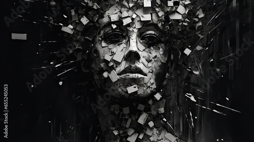 Wallpaper Mural Abstract Disarray: Exploding and Shattered Head and Face in Black and White, Symbolizing the Chaos of the Mind and Emotional Distress – Generative AI Torontodigital.ca