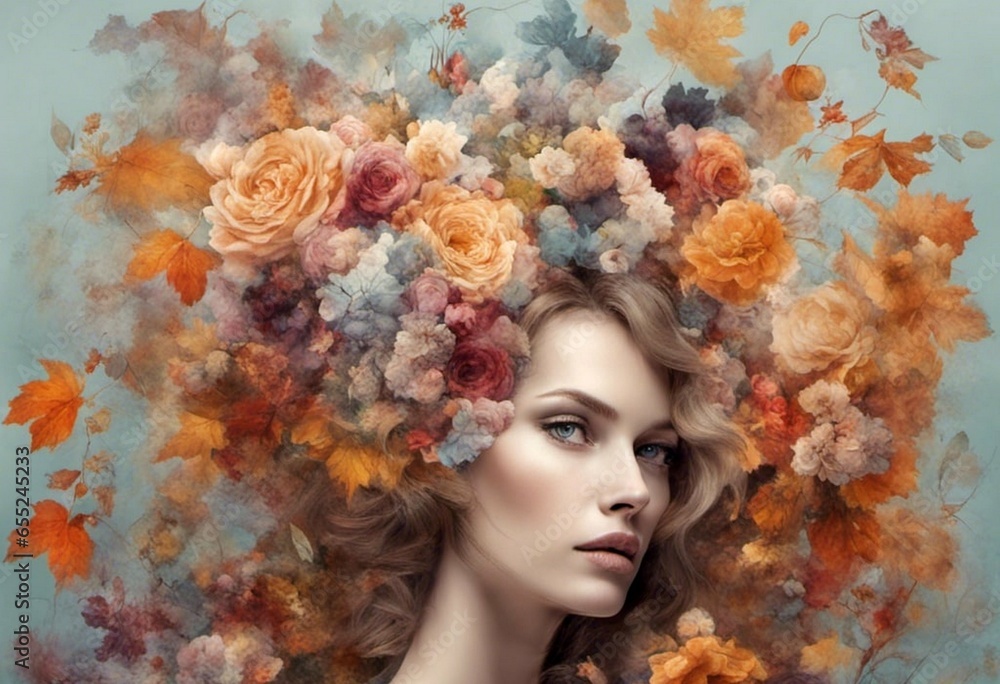 autumn portrait, beautiful woman surrounded by autumn flowers and leaves, contemporary art, creative floral composition
