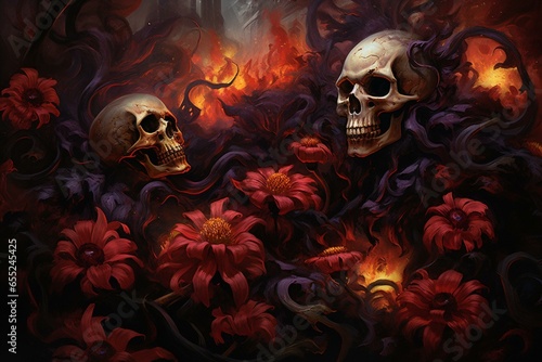 Grim flowers adorned with skulls  painted in dark and fiery hues  representing the terrors of the underworld. Generative AI