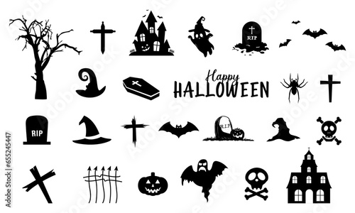 Collection of Halloween silhouettes elements and icons- tree  hand  cross  gravestone  church  bats  rip  skeleton skull  pumpkin  etc. creepy and spooky elements for Halloween decoration and posters.