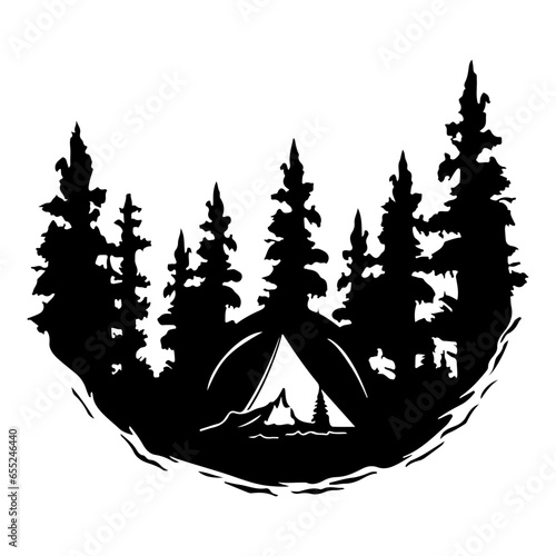Tent in Forest vector, Camping silhouette, Outdoors, Camper In Forest illustration, Mountains, Campfire design, Pine Trees