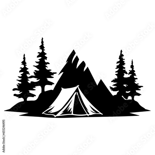 Tent in Forest vector, Camping silhouette, Outdoors, Camper In Forest illustration, Mountains, Campfire design, Pine Trees © Natworanat