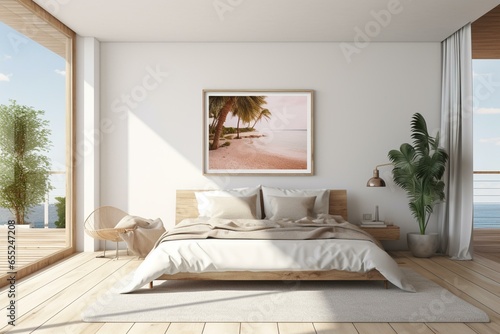 Bright indoor space with a sunny atmosphere, featuring a bedroom with framed and poster mockups in a 3D rendered illustration. Generative AI © Sander