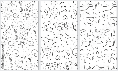 Fun Color Black line abstract doodle set seamless pattern, Creative minimalist style art background for children or trendy design with basic shapes. Simple childish scribble backdrop