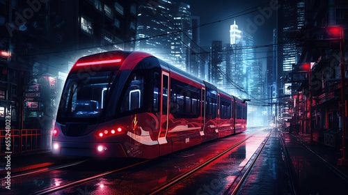Modern tram in night city photo