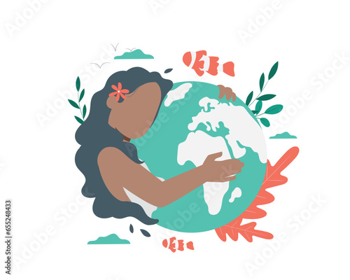 Vector illustration of World Environment Day. Girl holding Earth globe in her hands.