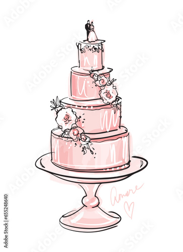 Multi-tiered wedding cake on a stand decorated with roses with a topper of bride and groom figurines. Modern sketch with pink watercolor, vector illustration isolated on white background.