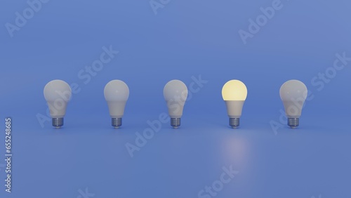 Many light bulbs with one glowing bulb right side on blue background. Creative thinking idea and business idea concept by 3d render.