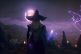 distance blonde beautiful long hair sorceress haunting beautiful night elf scenery at night in background Dynamic pose black clothes witches hat casting purple fire and 3d smoke spell futuristic 
