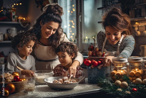 Latin family preparing pastry indoors at home in christmas time. Two mothers and children concept. Mother, aunt and children concept. Generative AI.
