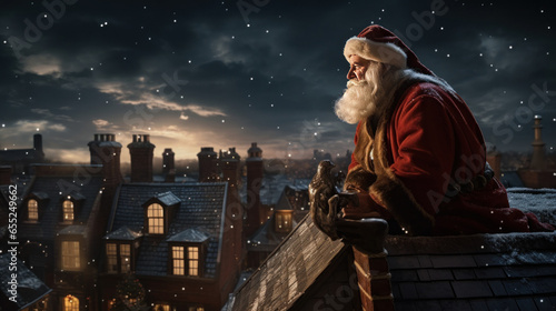 Santa Claus sits on the roof of a house against the backdrop of the evening city