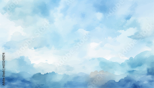 Abstract blue winter watercolor background. Sky pattern with snow. Light blue watercolour paper texture background