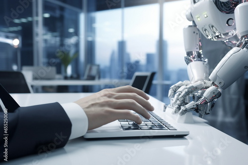 robot hand typing on a laptop photo