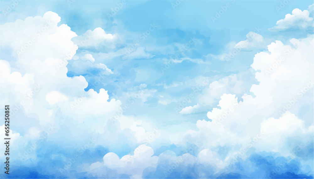 Clouds and sky watercolor  vector hand drawn vector illustration. Abstract blue winter watercolor background. Sky pattern with snow. Light blue watercolour paper texture background. - obrazy, fototapety, plakaty 