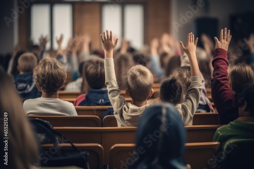 School child with hand in the air in classroom, blurred background, no recognisable faces