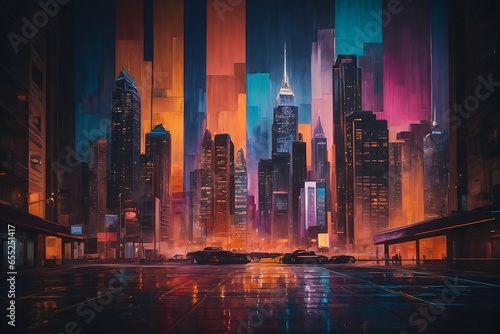 A vibrant and abstract painting of a cityscape at night.