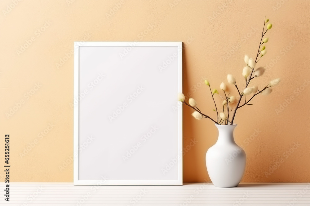 Blank picture vertical frame mockup on a warm orange color wall, boho style, modern, minimalist Blank picture vertical frame mockup on a warm orange color wall, boho style, modern, minimalist