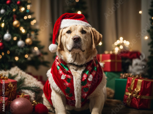 Labrador Retriever in Adorable Christmas Costumes with Holiday Props - Generative AI