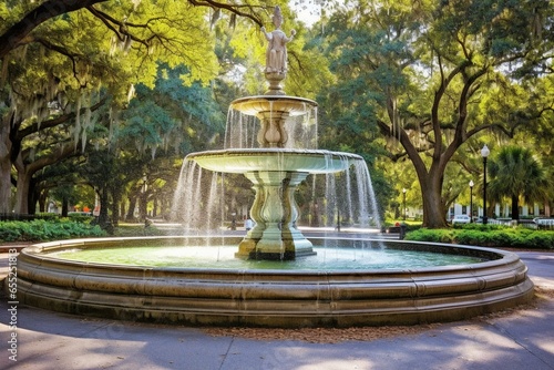 Beautiful fountain in Savannah, Georgia. Popular tourist attraction. Generative AI photo