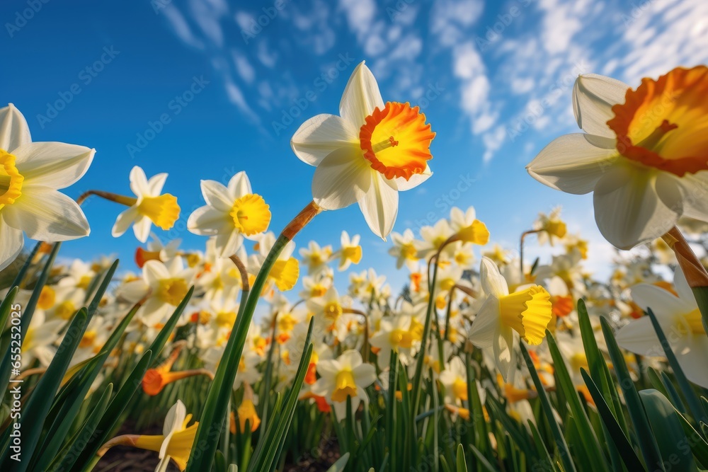 Fototapeta premium Upward facing view of daffodils, with blue sky and white clouds in the background