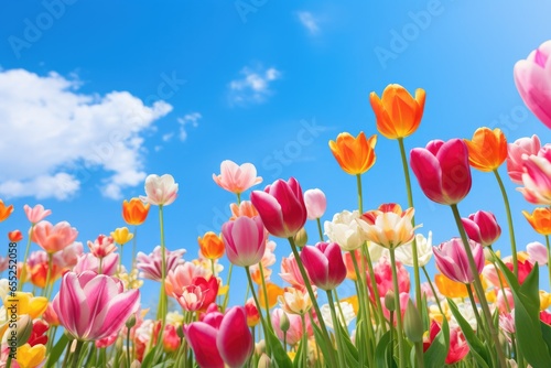 Upward facing view of colourful tulips  with blue sky and white clouds in the background