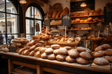 Bread shop. Various types of fresh bread loaves on the shelves of private bakery