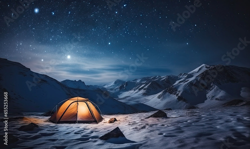 Breathtaking winter landscape with a tent on a snow-covered peak under a starry sky. © smth.design