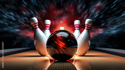 Picture of bowling ball hitting pins scoring a strike. Bowling background.  photo
