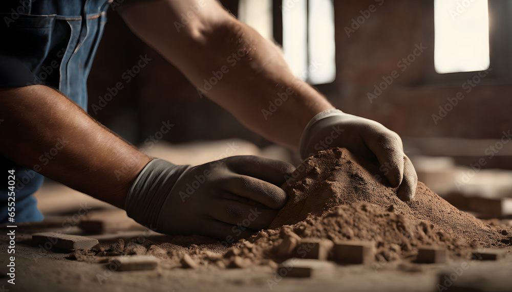 Carpenter working with sand in his workshop, closeup view Carpenter working with sand in his workshop, closeup view