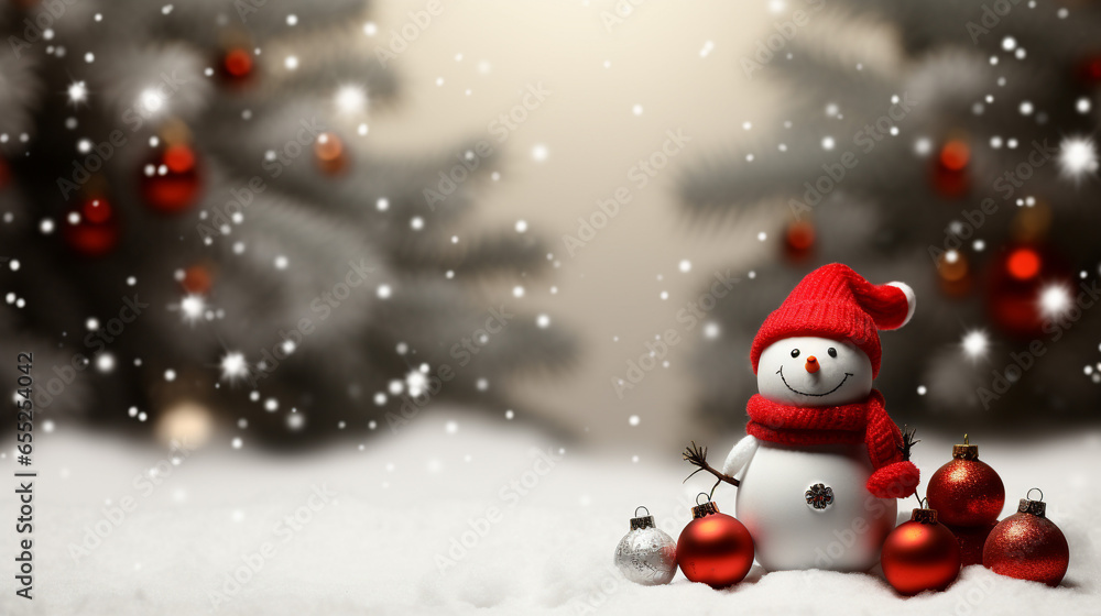 Snowman in the snow with Christmas custom, Generative ai