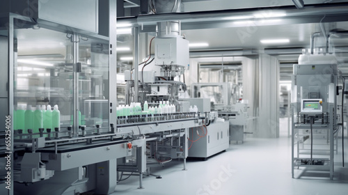 A pharmaceutical packaging facility, with machines filling and labeling medication bottles photo