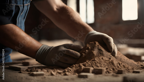 Carpenter working with sand in his workshop, closeup view