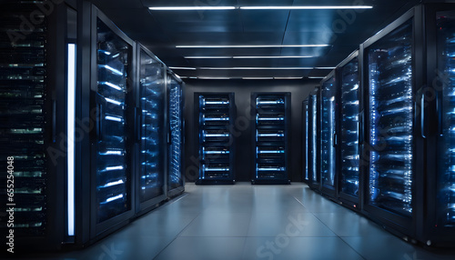 server room data center with rows of server racks. 3d rendering