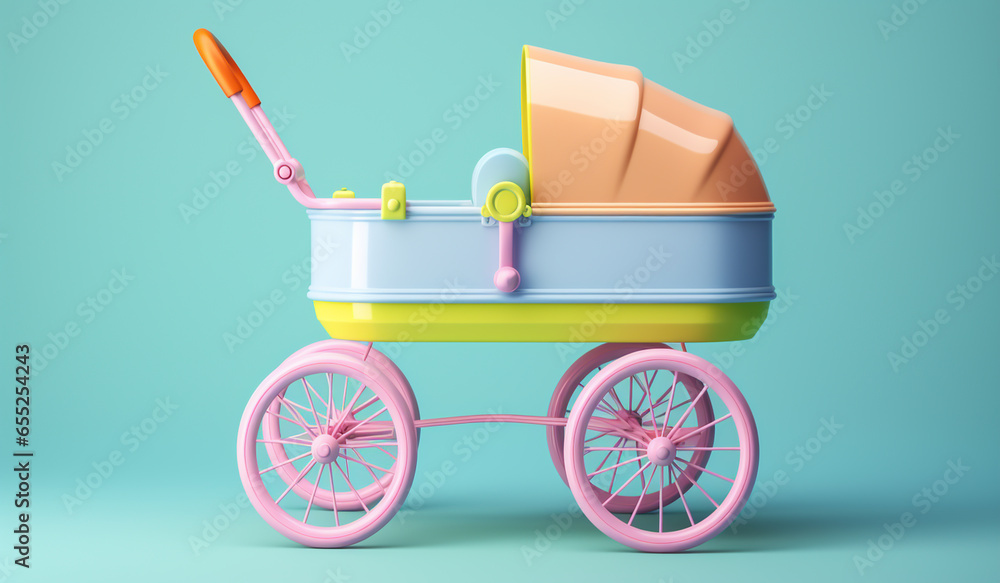 Toy baby stroller, in soft colors, plasticized material, educational for children to play with. AI generated Toy baby stroller, in soft colors, plasticized material, educational for children to play with. AI generated