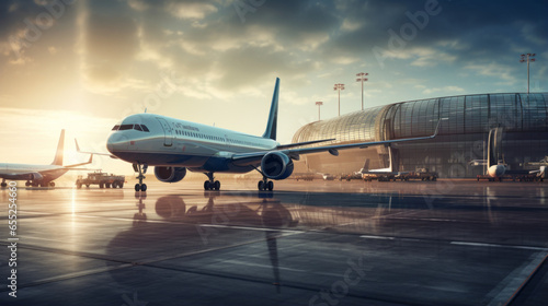 A photo of a commercial airport with planes taking off and landing photo